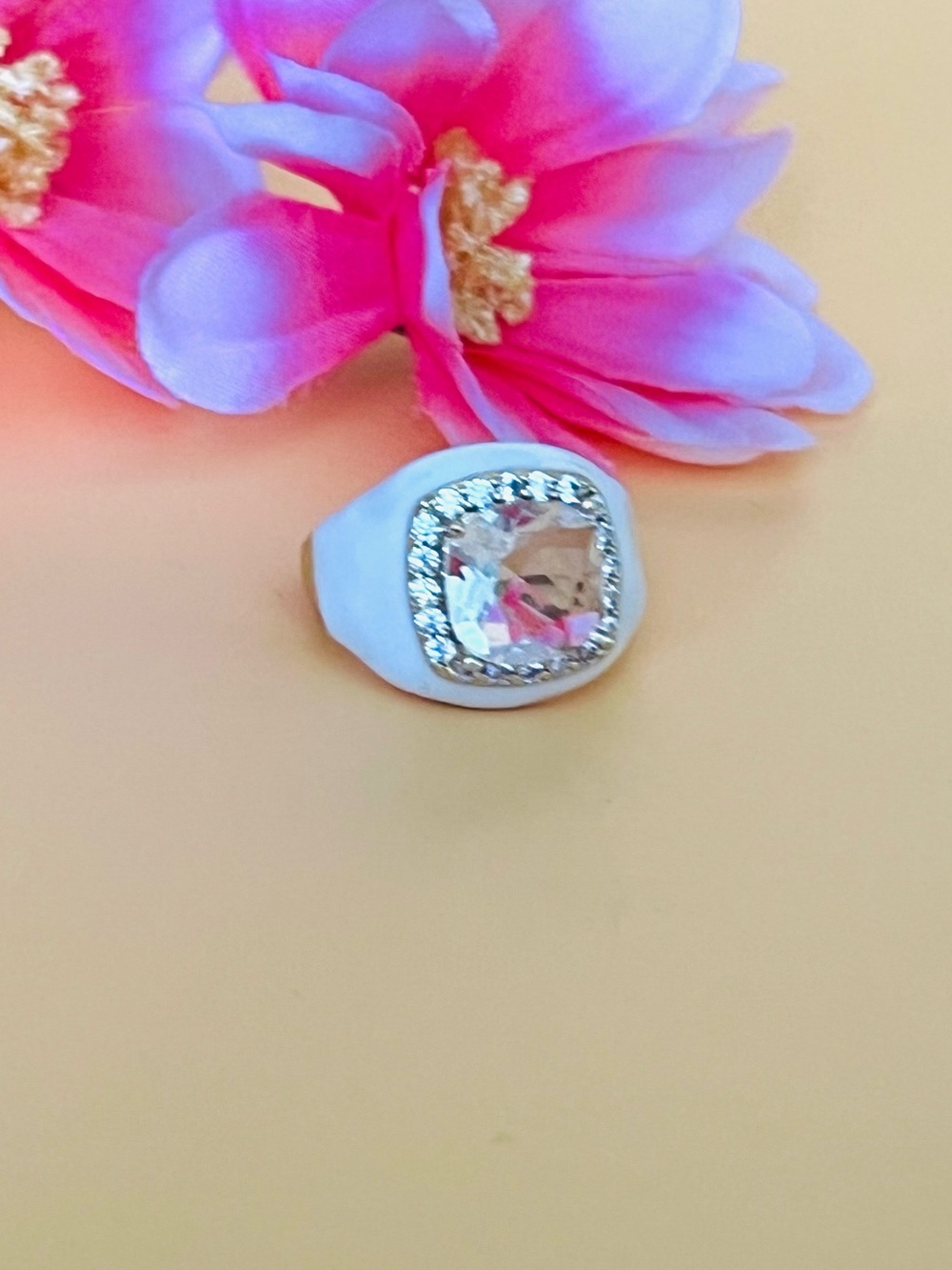 Large Gold and White enamel adjustable Ring with clear CZ Accents